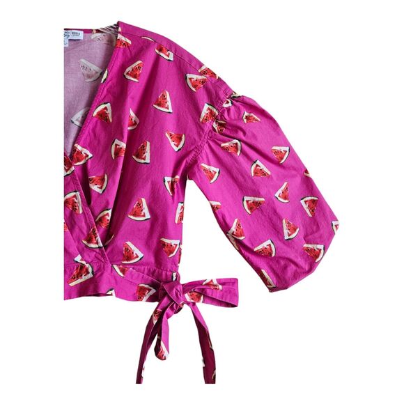 COLOR ME COURTNEY Women S Wrap Blouse Top Pink Cropped Watermelon Print 36" Bust - Picture 4 of 6